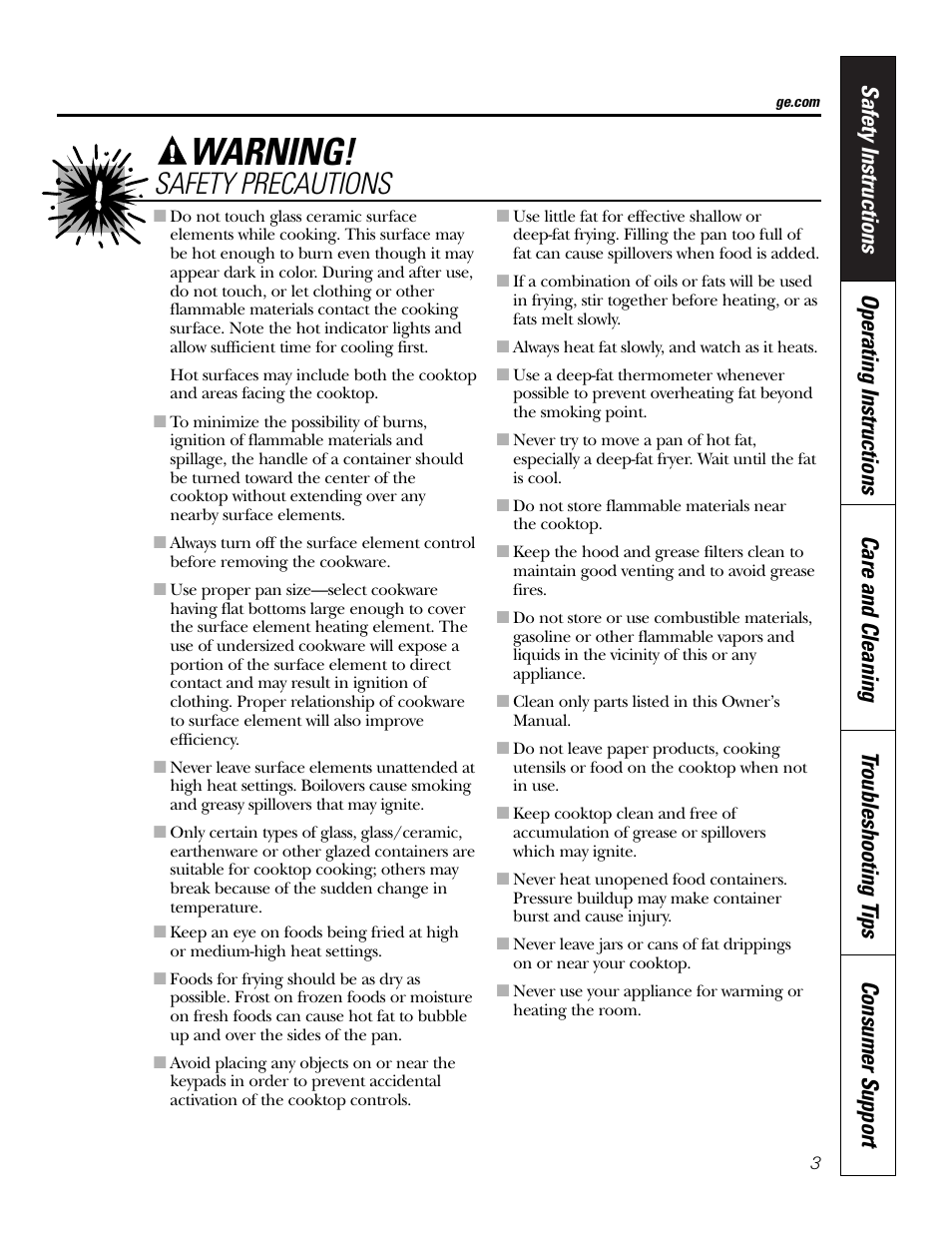 Warning, Safety precautions | GE PP945SMSS User Manual | Page 3 / 40