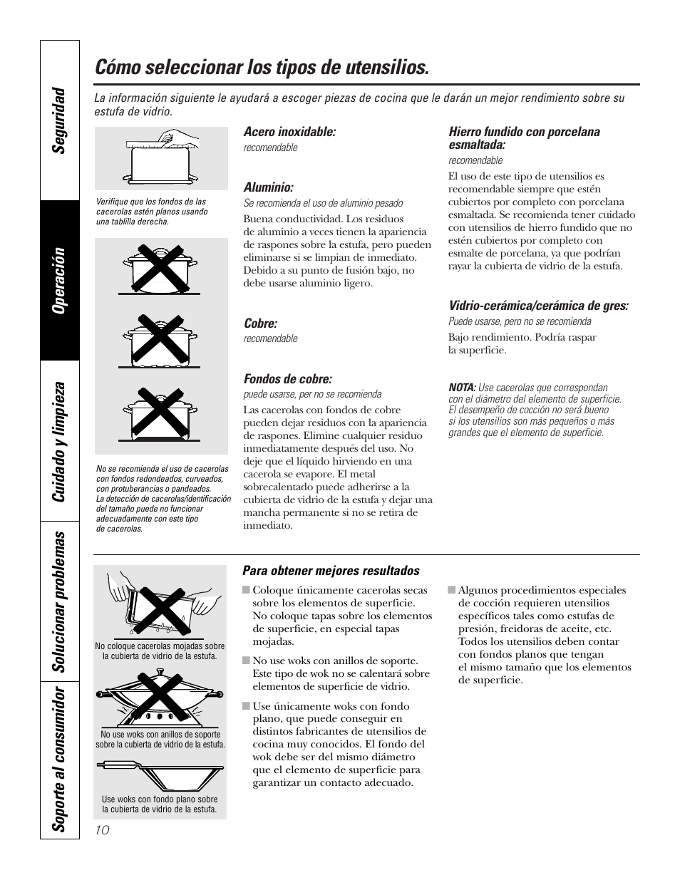 Consejos sobre los utensilios de cocina, Consejos sobre los utensilios de cocina , 11, Cómo seleccionar los tipos de utensilios | GE PP945SMSS User Manual | Page 30 / 40