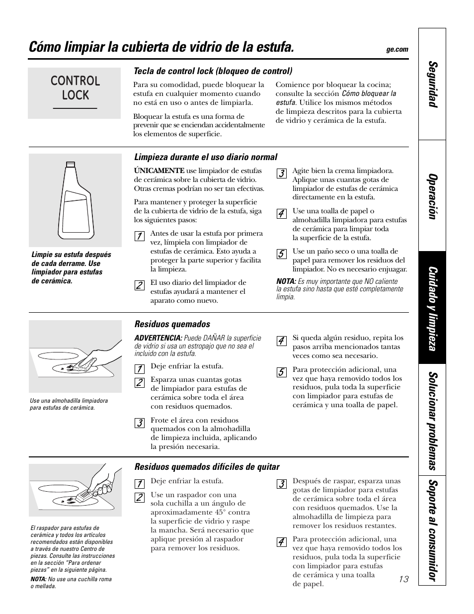 Superficie de vidrio, Tecla de bloqueo de control, Cómo limpiar la cubierta de vidrio de la estufa | Control lock | GE PP945SMSS User Manual | Page 33 / 40