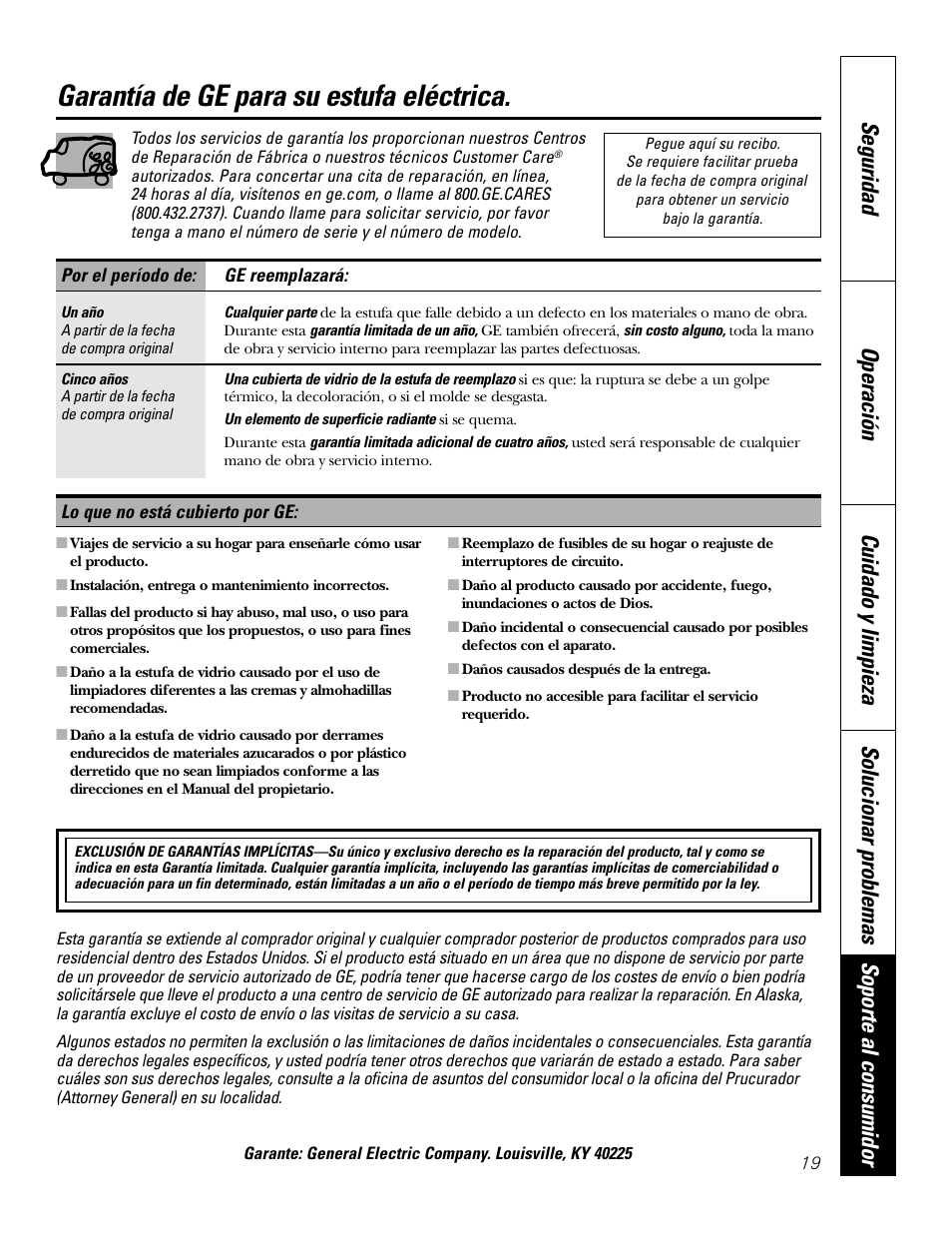 Garantía, Garantía de ge para su estufa eléctrica | GE PP945SMSS User Manual | Page 39 / 40