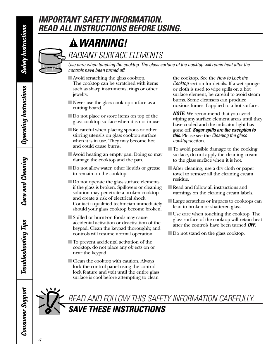 Warning, Radiant surface elements | GE PP945SMSS User Manual | Page 4 / 40
