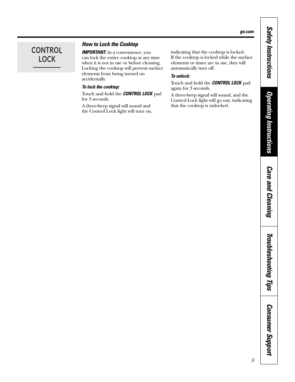 Locking the cooktop, Control lock | GE PP945SMSS User Manual | Page 9 / 40