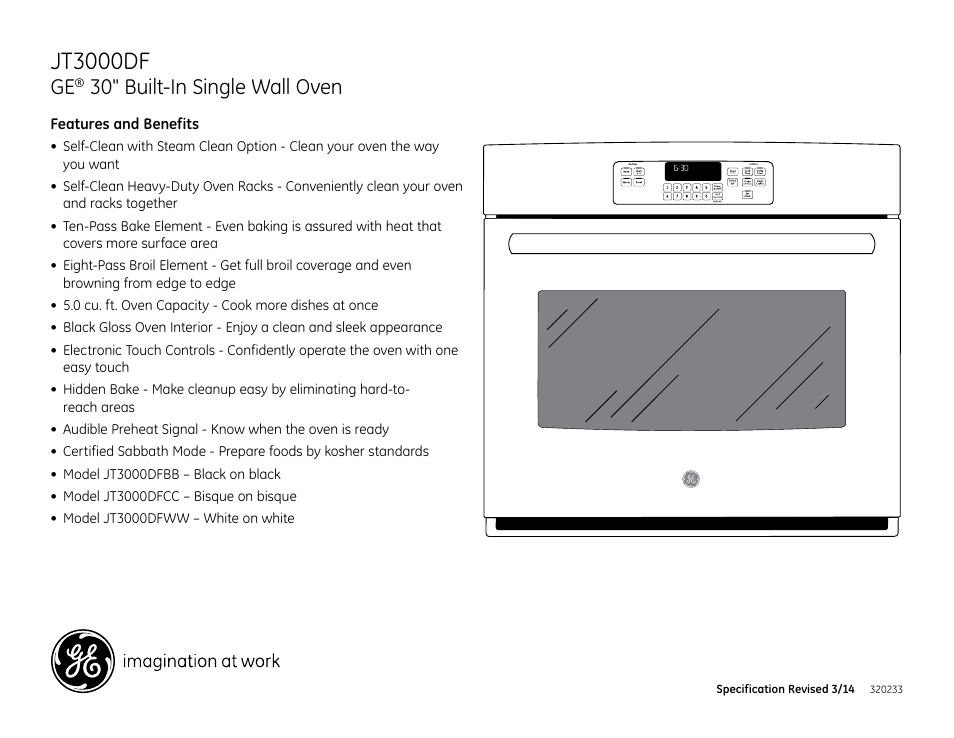 Jt3000dfww/cc/bb, Jt3000df, 30" built-in single wall oven | GE JT3000DFWW User Manual | Page 3 / 3