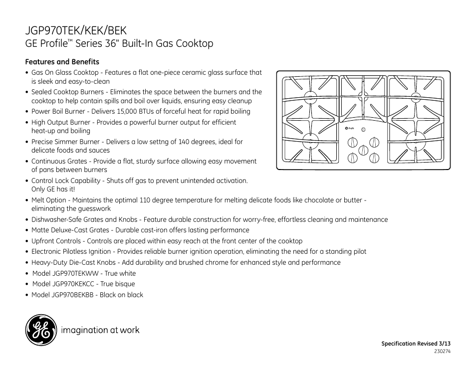 Jgp970tek/kek/bek, Ge profile, Series 36" built-in gas cooktop | GE JGP970BEKBB User Manual | Page 2 / 2