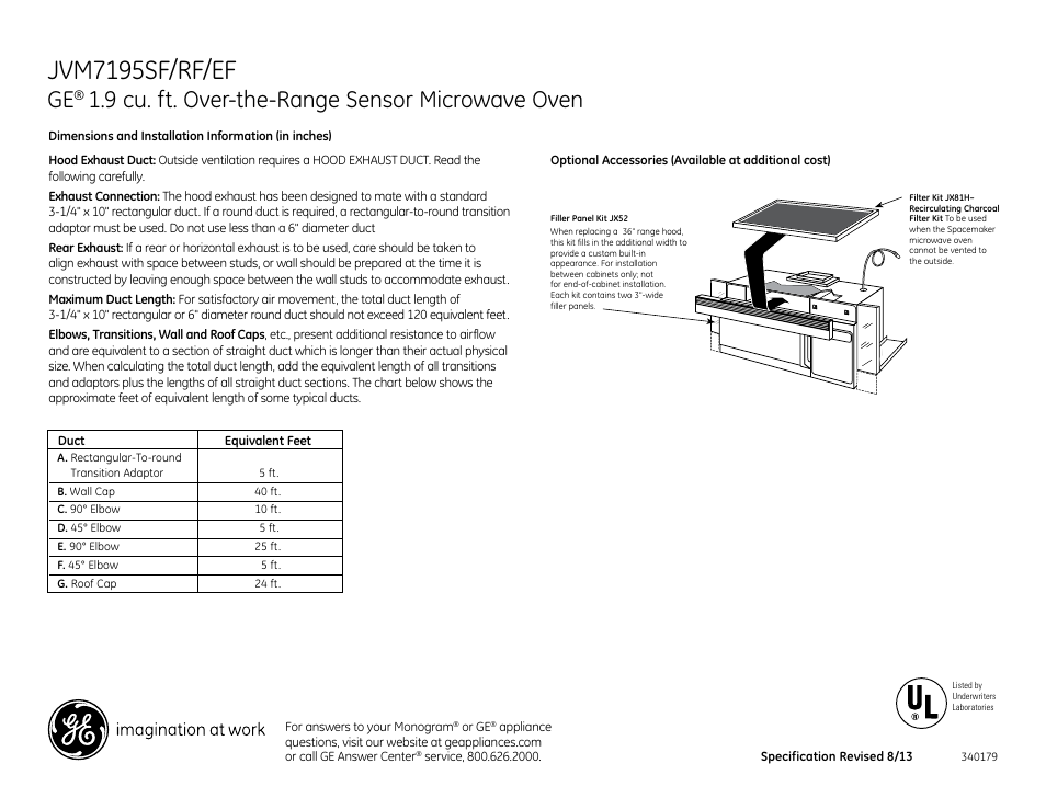 Jvm7195sf/rf/ef, 9 cu. ft. over-the-range sensor microwave oven | GE JVM7195RFSS User Manual | Page 2 / 3