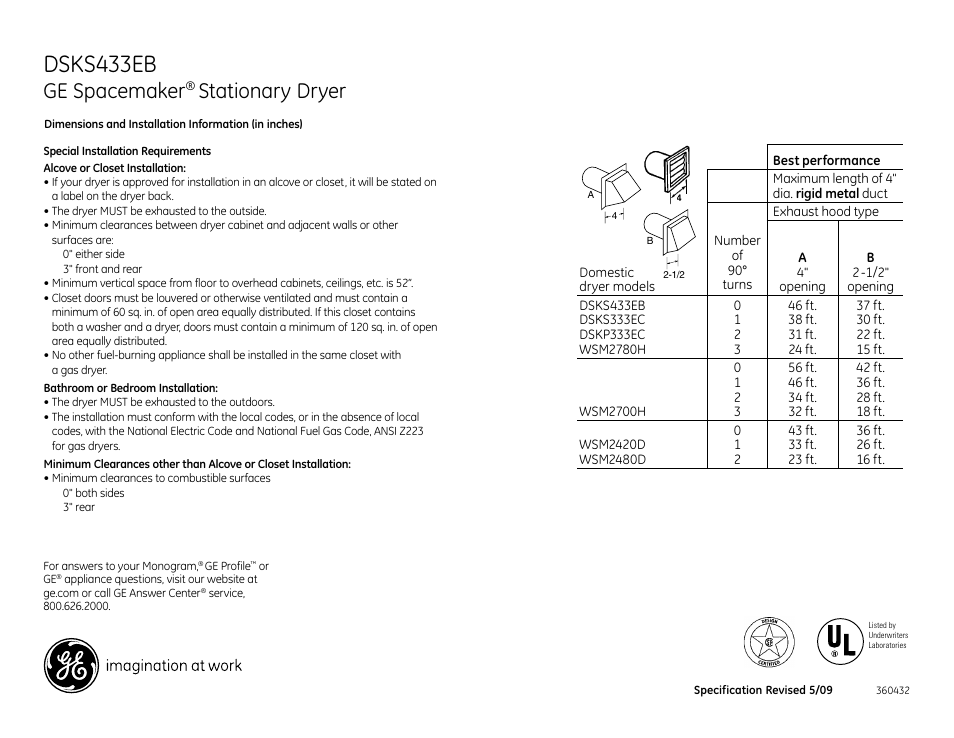 Dsks433eb, Ge spacemaker, Stationary dryer | GE DSKS433EBWW User Manual | Page 2 / 4