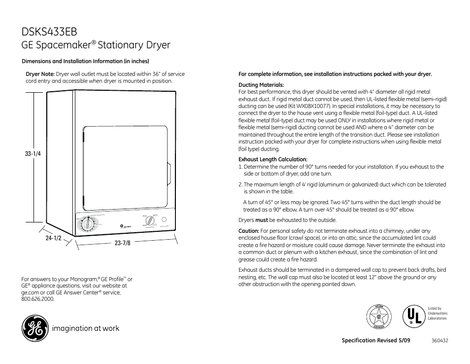 Dsks433eb, Ge spacemaker, Stationary dryer | Dsks433ebww | GE DSKS433EBWW User Manual | Page 3 / 4