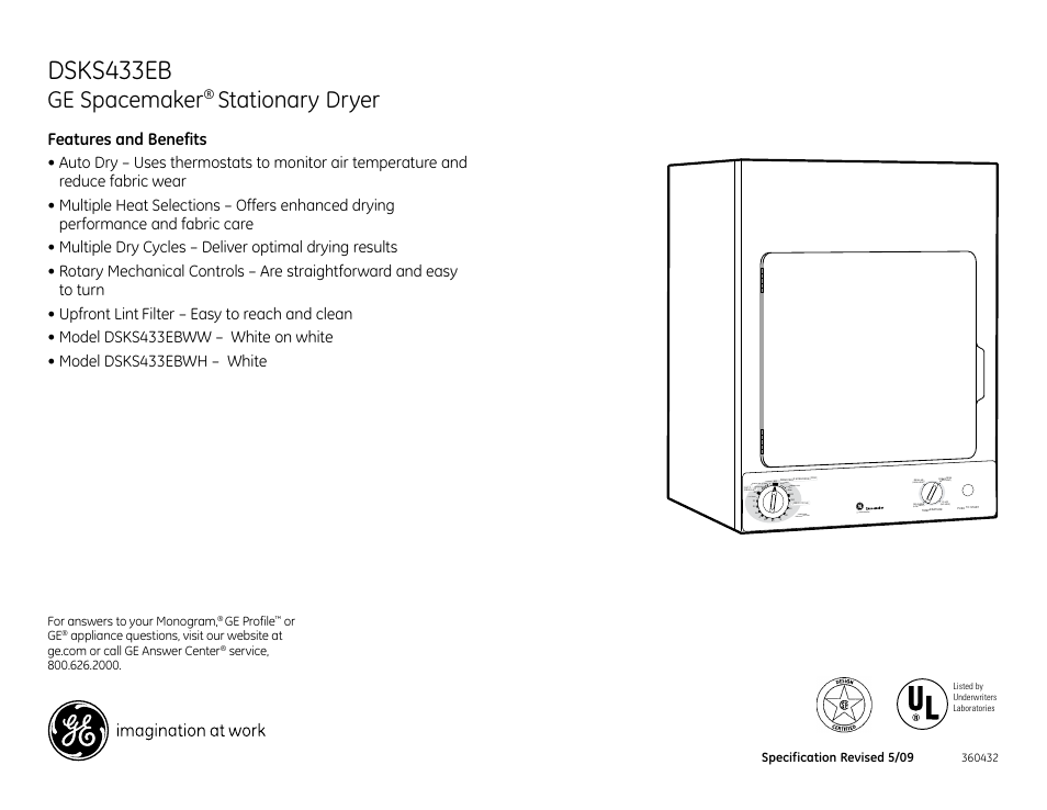 Dsks433eb, Ge spacemaker, Stationary dryer | Dsks433ebww, Cool down, Preferred regular setting, Off cool down cool down extra dry, Normal dry extra dry | GE DSKS433EBWW User Manual | Page 4 / 4