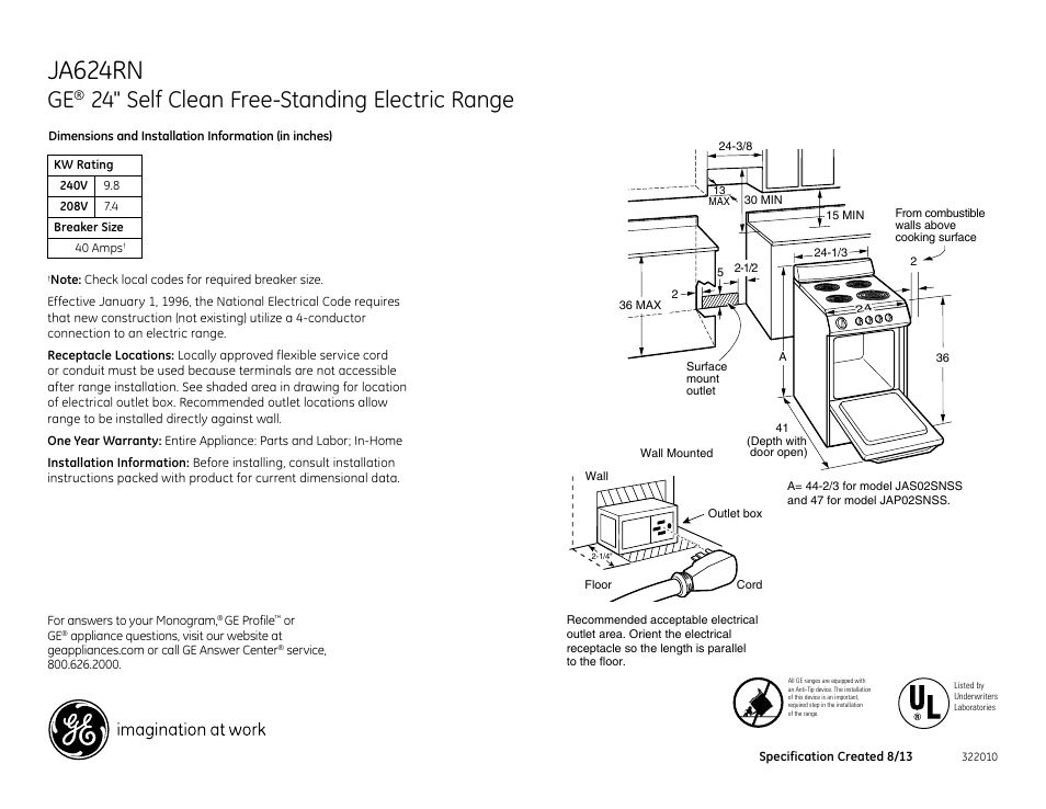 GE JA624RNSS User Manual | 2 pages