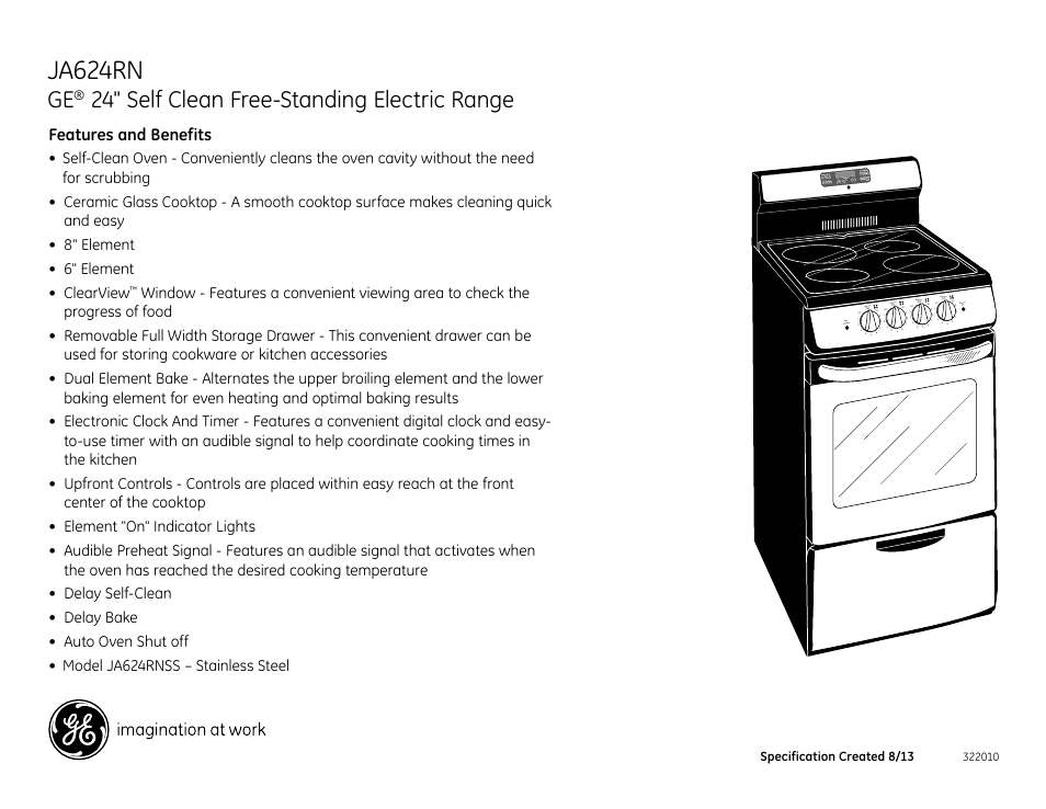 Ja624rn, 24" self clean free-standing electric range, Features and benefits | Left front, Left rear, Right rear, Right front, Burner on, Specification created 8/13 | GE JA624RNSS User Manual | Page 2 / 2