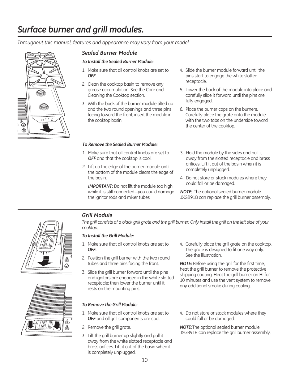 Surface burner and grill modules | GE PGP990SENSS User Manual | Page 10 / 80