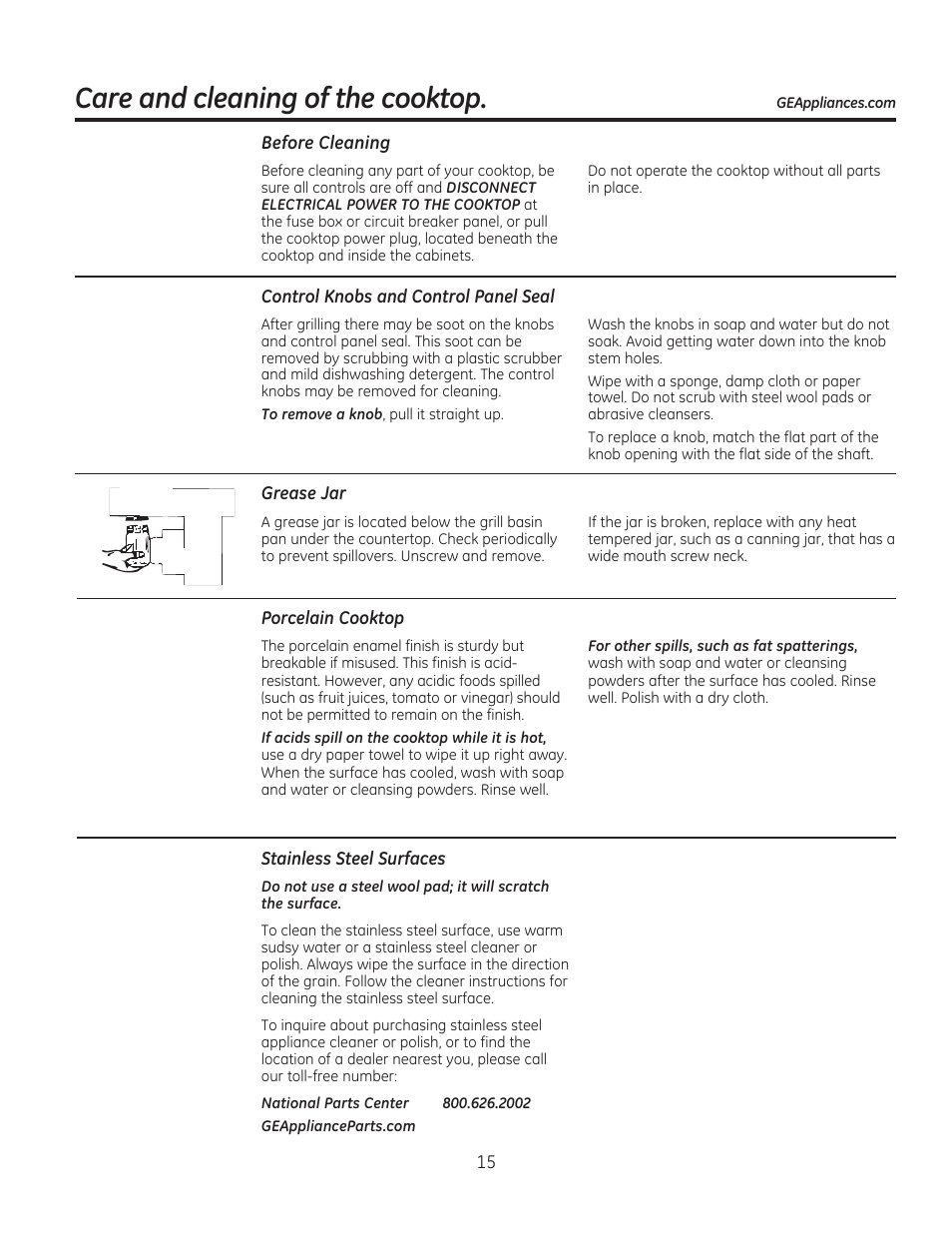 Care and cleaning of the cooktop | GE PGP990SENSS User Manual | Page 15 / 80