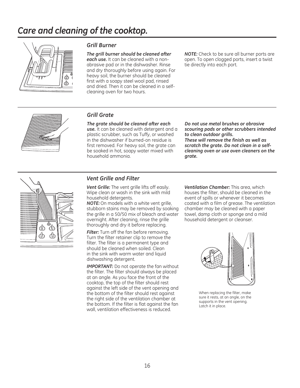 Care and cleaning of the cooktop | GE PGP990SENSS User Manual | Page 16 / 80