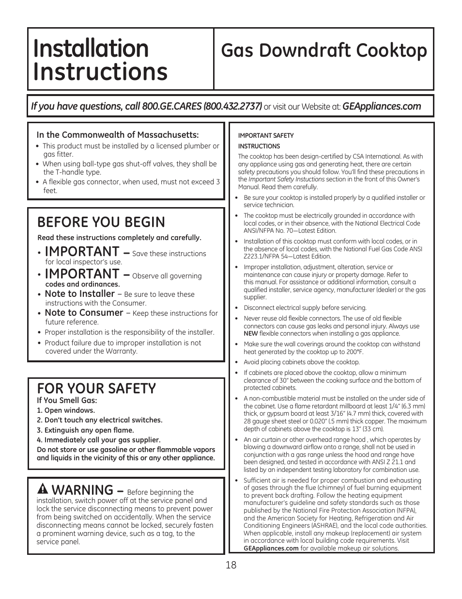 Qvwdoodwlrq, Qvwuxfwlrqv, Gas downdraft cooktop | GE PGP990SENSS User Manual | Page 18 / 80