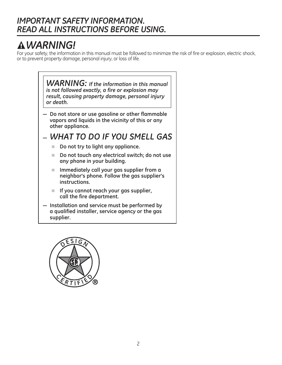 What to do if you smell gas, Warning | GE PGP990SENSS User Manual | Page 2 / 80