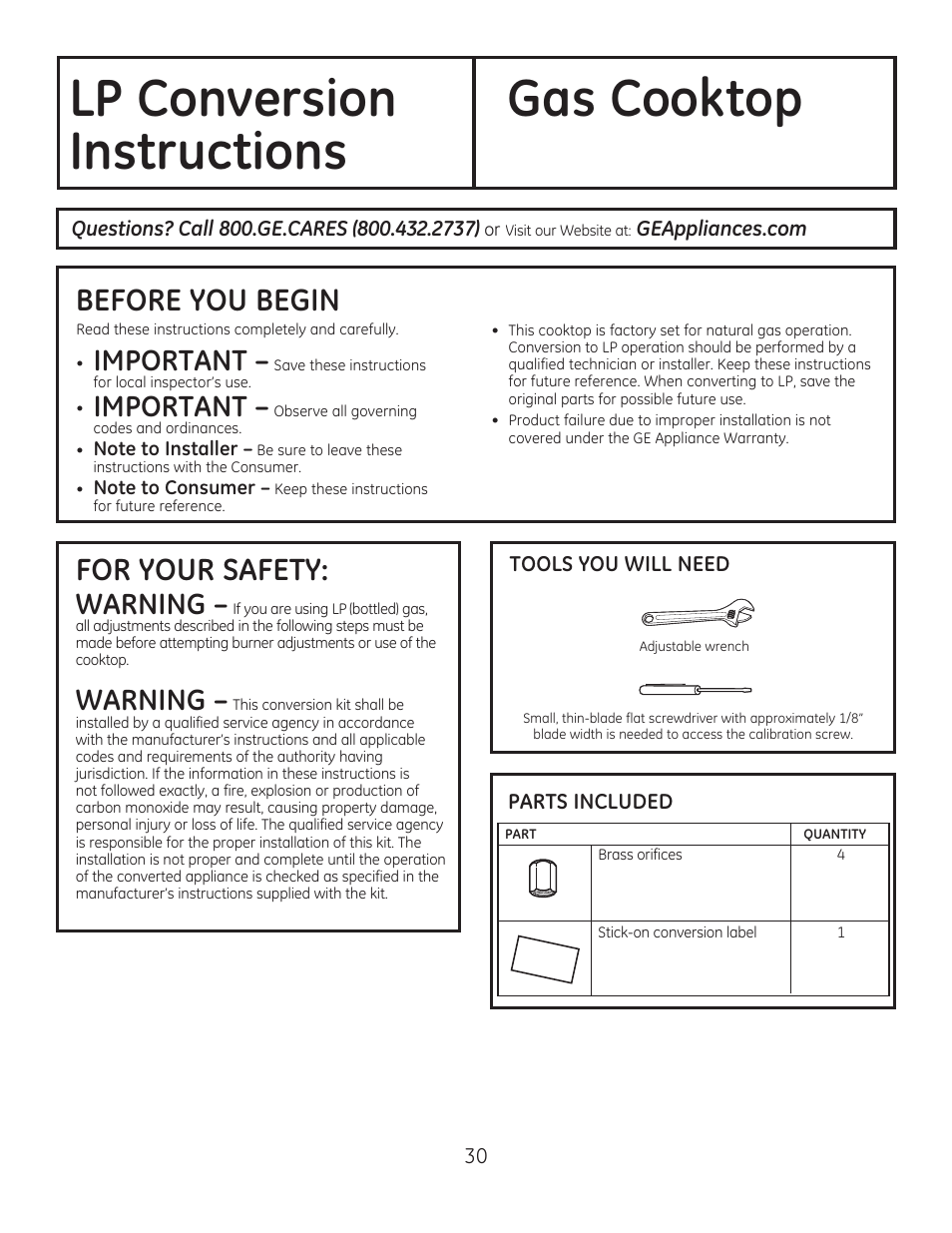 3&rqyhuvlrq  *dv&rrnwrs ,qvwuxfwlrqv | GE PGP990SENSS User Manual | Page 30 / 80