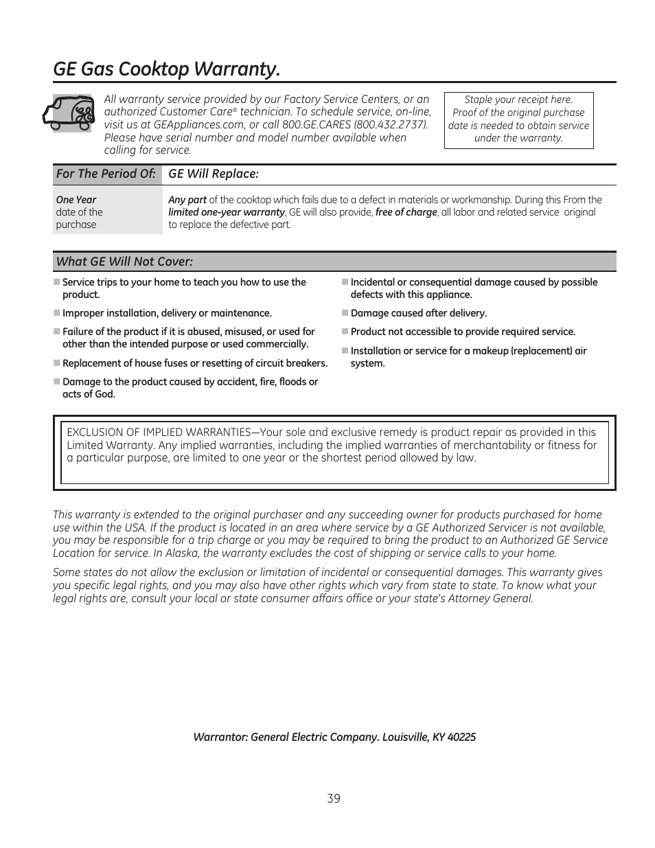 Ge gas cooktop warranty | GE PGP990SENSS User Manual | Page 39 / 80