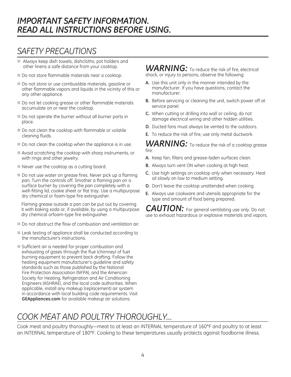 Warning, Caution, Safety precautions | Cook meat and poultry thoroughly | GE PGP990SENSS User Manual | Page 4 / 80