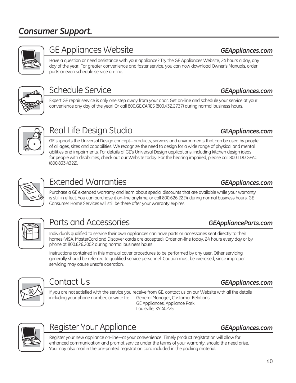 Consumer support. ge appliances website, Schedule service, Real life design studio | Extended warranties, Parts and accessories, Contact us, Register your appliance | GE PGP990SENSS User Manual | Page 40 / 80