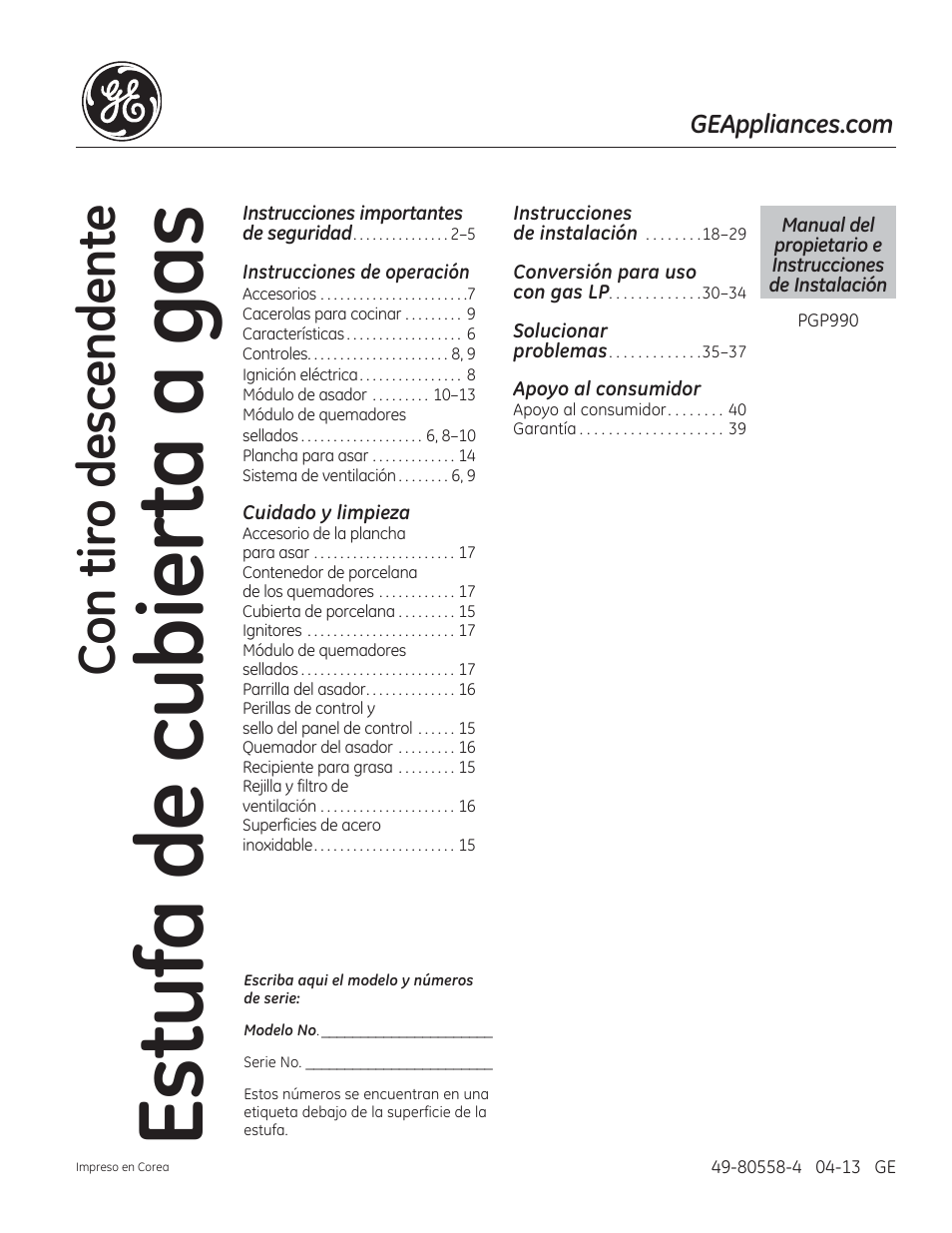 Estufa de cubierta a gas, Con tiro descendente | GE PGP990SENSS User Manual | Page 41 / 80