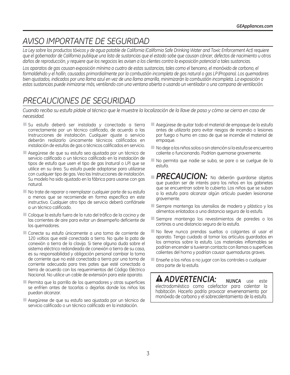 Aviso importante de seguridad, Precaucion, Precauciones de seguridad | Advertencia | GE PGP990SENSS User Manual | Page 43 / 80