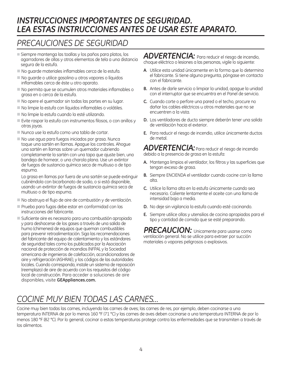 Precauciones de seguridad, Cocine muy bien todas las carnes, Advertencia | Precaucion | GE PGP990SENSS User Manual | Page 44 / 80