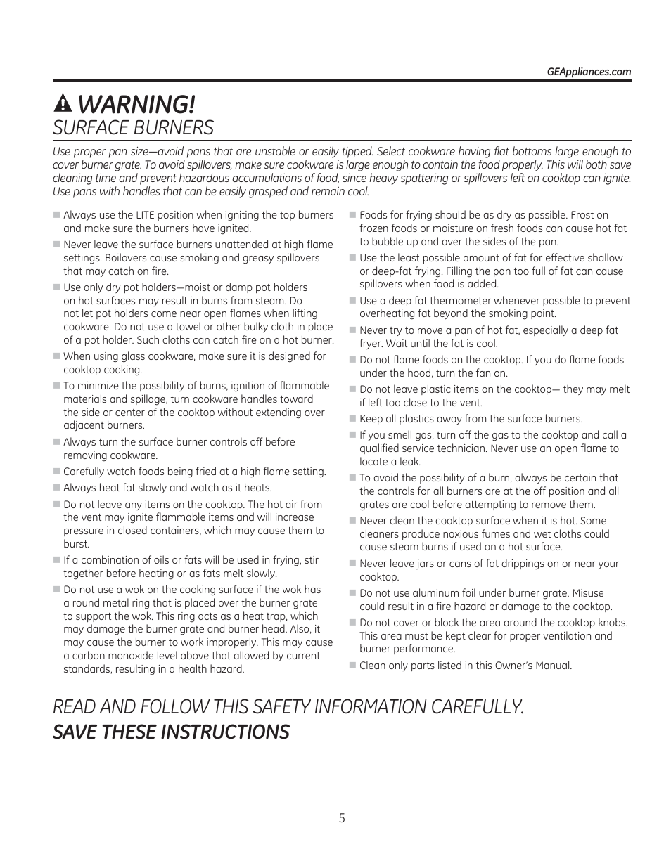 Warning, Surface burners | GE PGP990SENSS User Manual | Page 5 / 80