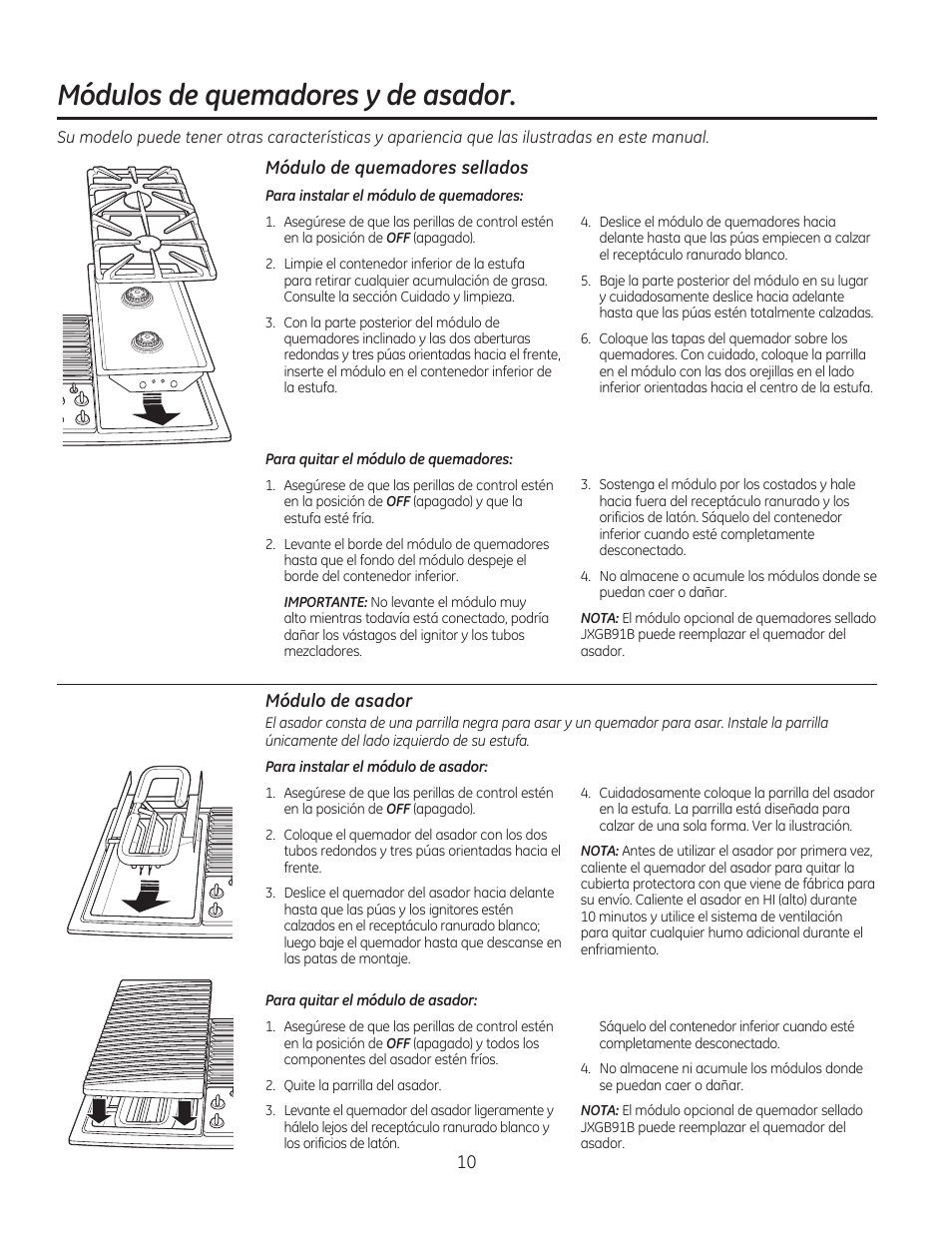 Módulos de quemadores y de asador, 10 módulo de quemadores sellados, Módulo de asador | GE PGP990SENSS User Manual | Page 50 / 80