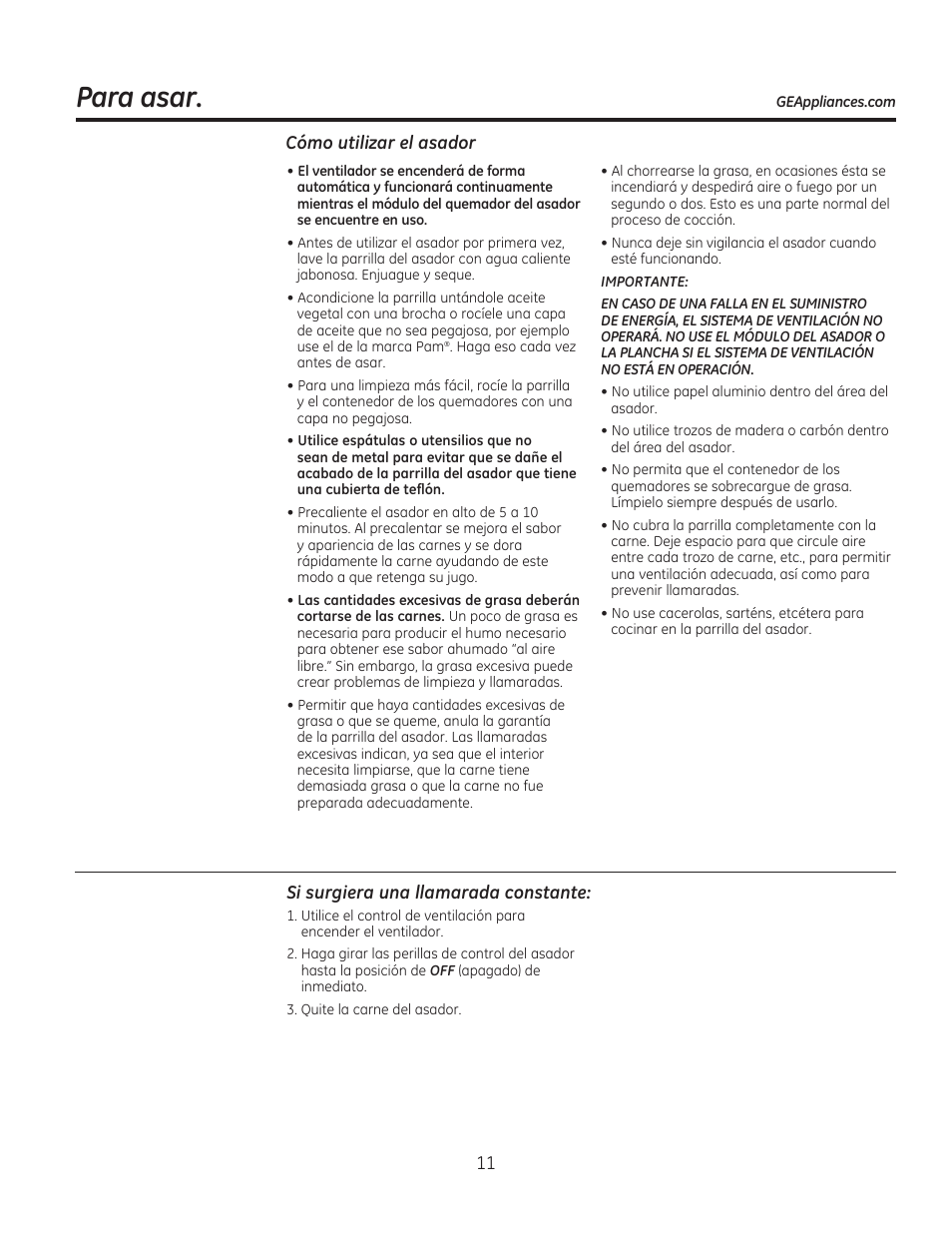 Para asar, Cómo utilizar el asador, Si surgiera una llamarada constante | GE PGP990SENSS User Manual | Page 51 / 80