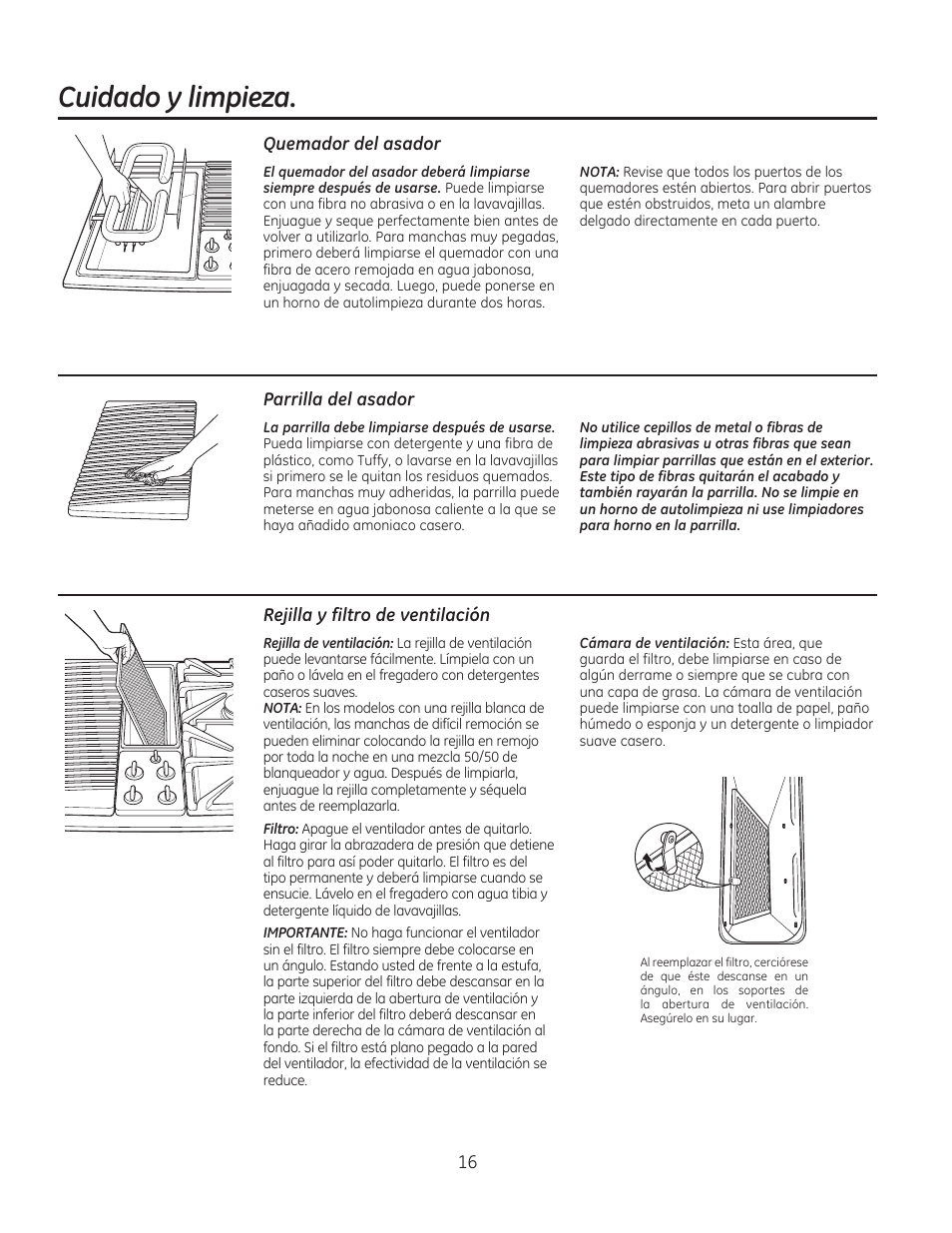Cuidado y limpieza, Quemador del asador, Parrilla del asador | Rejilla y filtro de ventilación | GE PGP990SENSS User Manual | Page 56 / 80