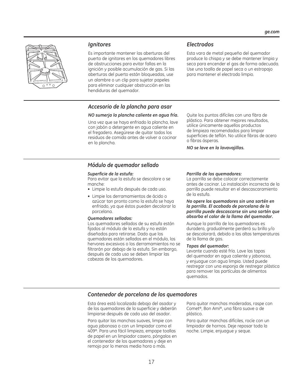Accesorio de la plancha para asar, Ignitores electrodos, Módulo de quemador sellado | Contenedor de porcelana de los quemadores | GE PGP990SENSS User Manual | Page 57 / 80