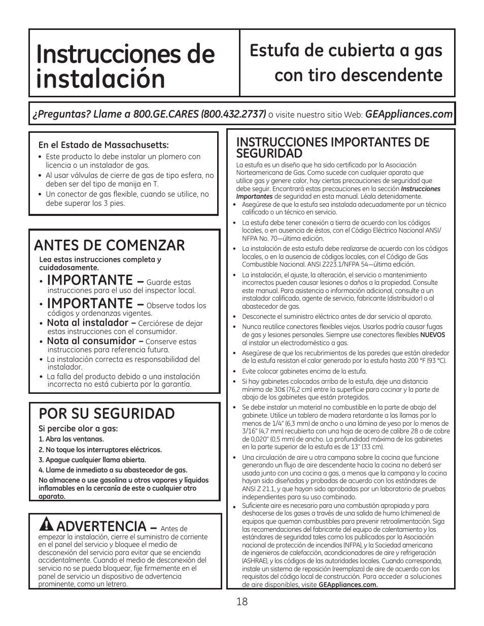 Instrucciones de lqvwdodflyq, Estufa de cubierta a gas con tiro descendente | GE PGP990SENSS User Manual | Page 58 / 80