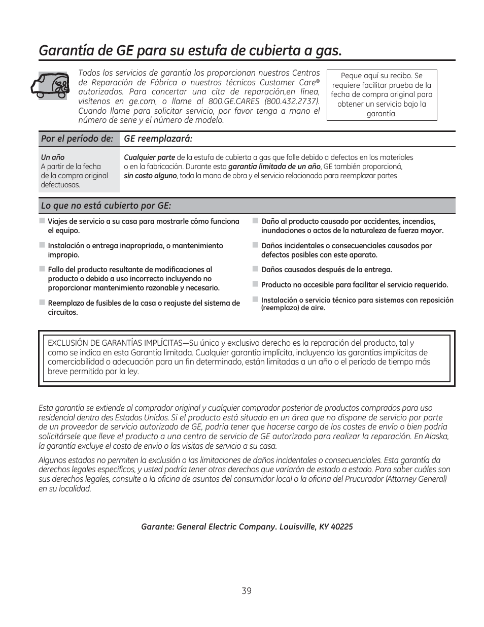 Garantía de ge para su estufa de cubierta a gas | GE PGP990SENSS User Manual | Page 79 / 80