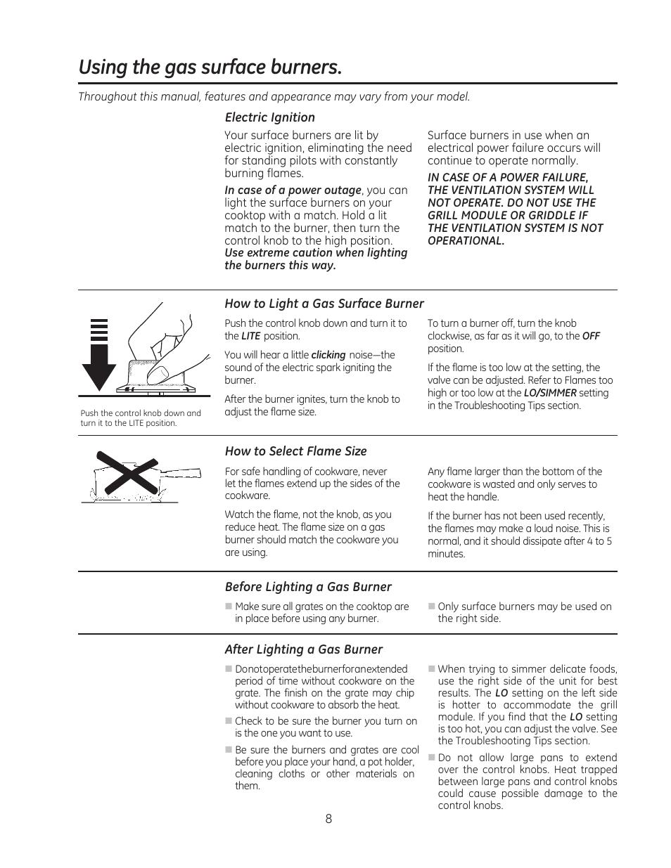 Using the gas surface burners | GE PGP990SENSS User Manual | Page 8 / 80