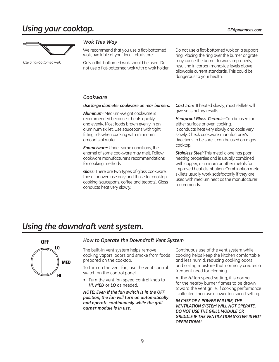 Using your cooktop, Using the downdraft vent system | GE PGP990SENSS User Manual | Page 9 / 80