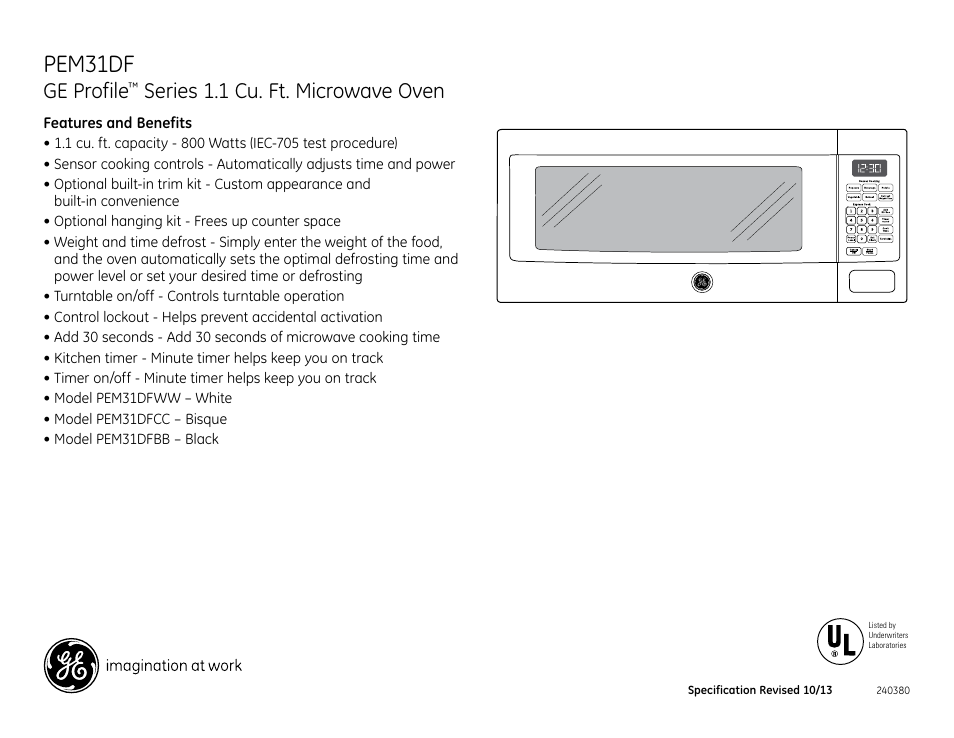 Pem31df, Ge profile, Series 1.1 cu. ft. microwave oven | GE PEM31DFBB User Manual | Page 2 / 2