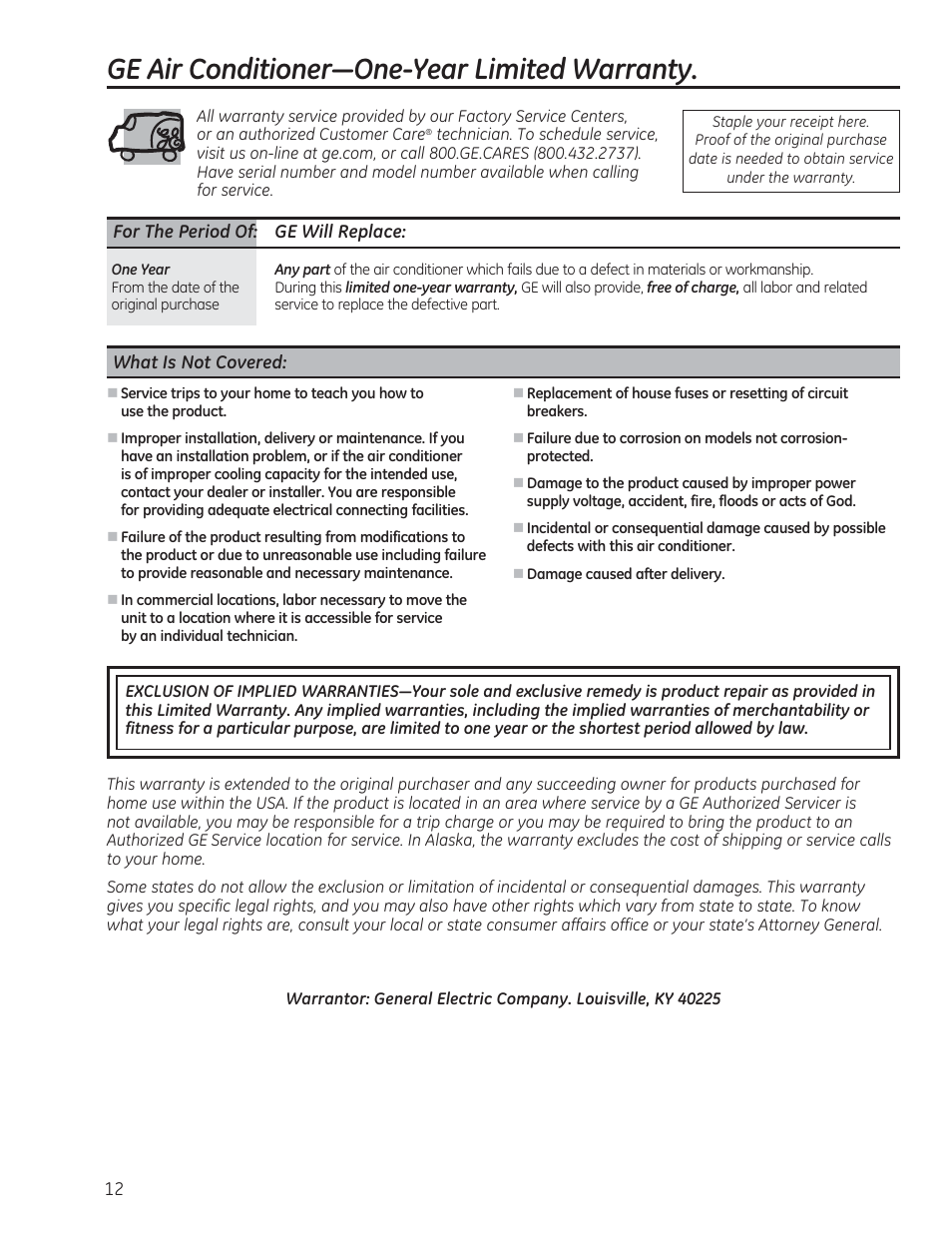 Lu&rqglwlrqhu³2qh<hdu/lplwhg:duudqw | GE AEM12AS User Manual | Page 12 / 40