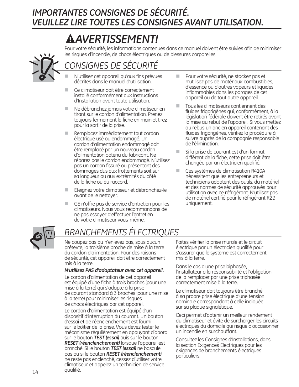 Avertissement, Consignes de sécurité, Branchements électriques | GE AEM12AS User Manual | Page 14 / 40