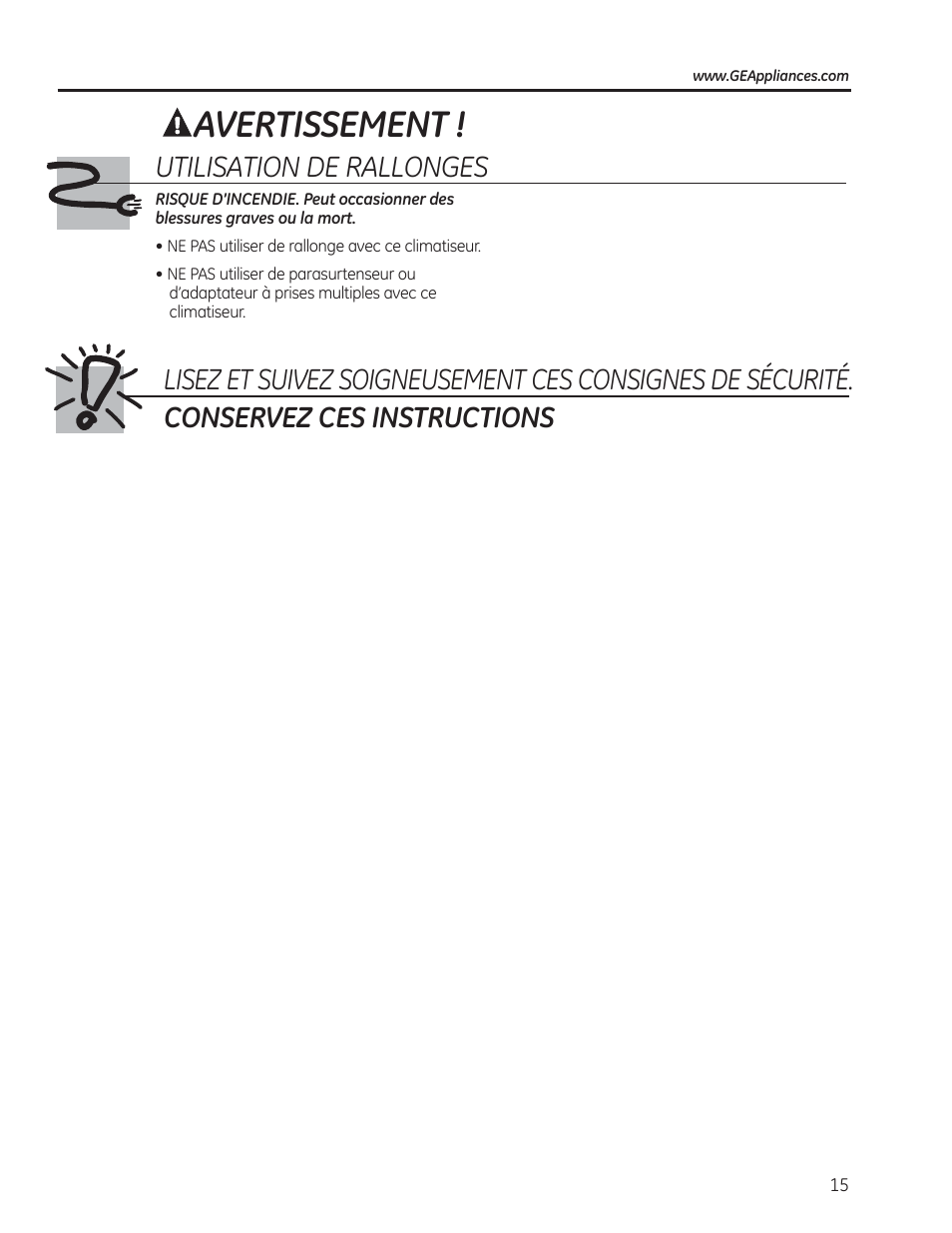 Avertissement | GE AEM12AS User Manual | Page 15 / 40