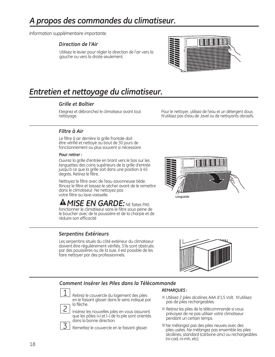 Mise en garde, A propos des commandes du climatiseur, Entretien et nettoyage du climatiseur | GE AEM12AS User Manual | Page 18 / 40