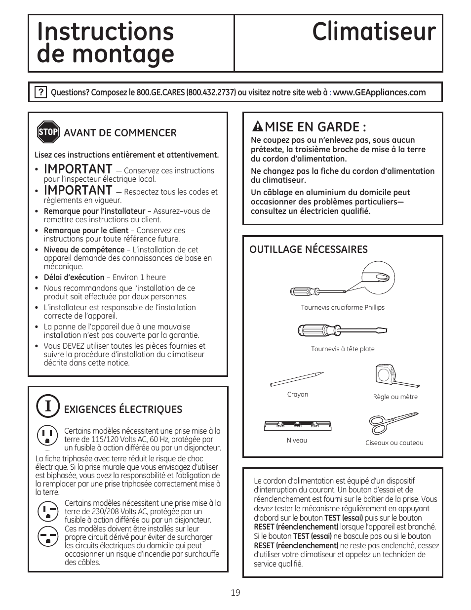 Instructions climatiseur, De montage, Important | Mise en garde | GE AEM12AS User Manual | Page 19 / 40