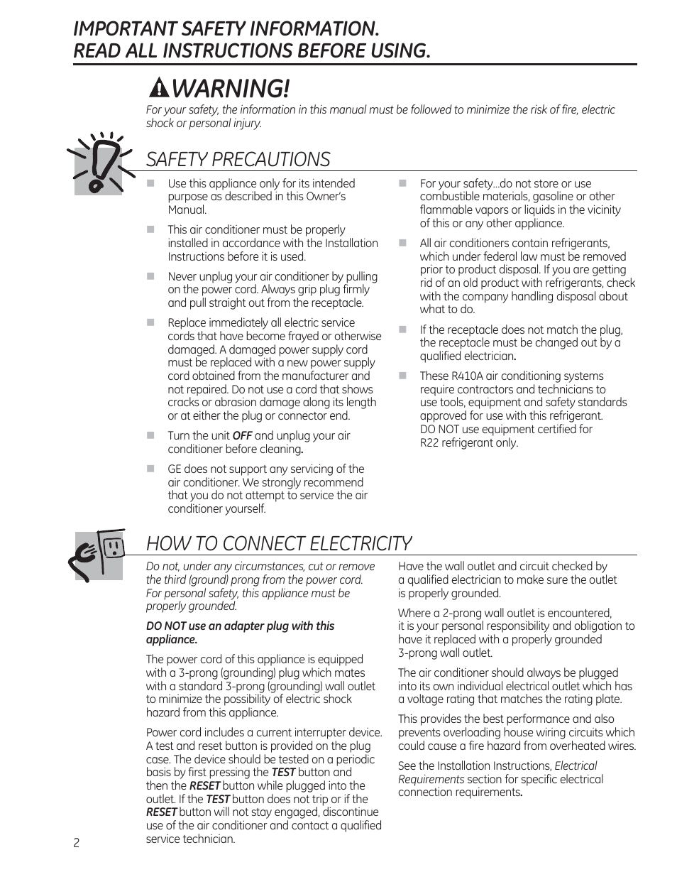 Warning, Safety precautions, How to connect electricity | GE AEM12AS User Manual | Page 2 / 40