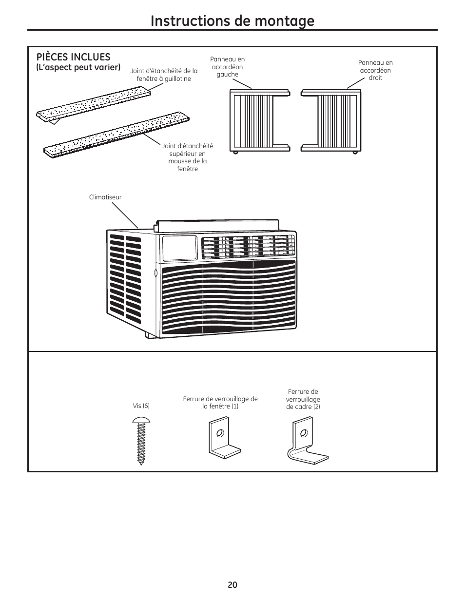 Instructions de montage, Pièces inclues | GE AEM12AS User Manual | Page 20 / 40