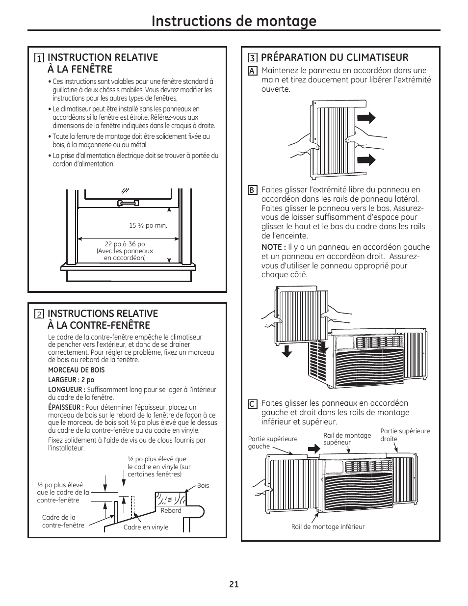 Instructions de montage, Instruction relative à la fenêtre, Préparation du climatiseur | Instructions relative à la contre-fenêtre | GE AEM12AS User Manual | Page 21 / 40