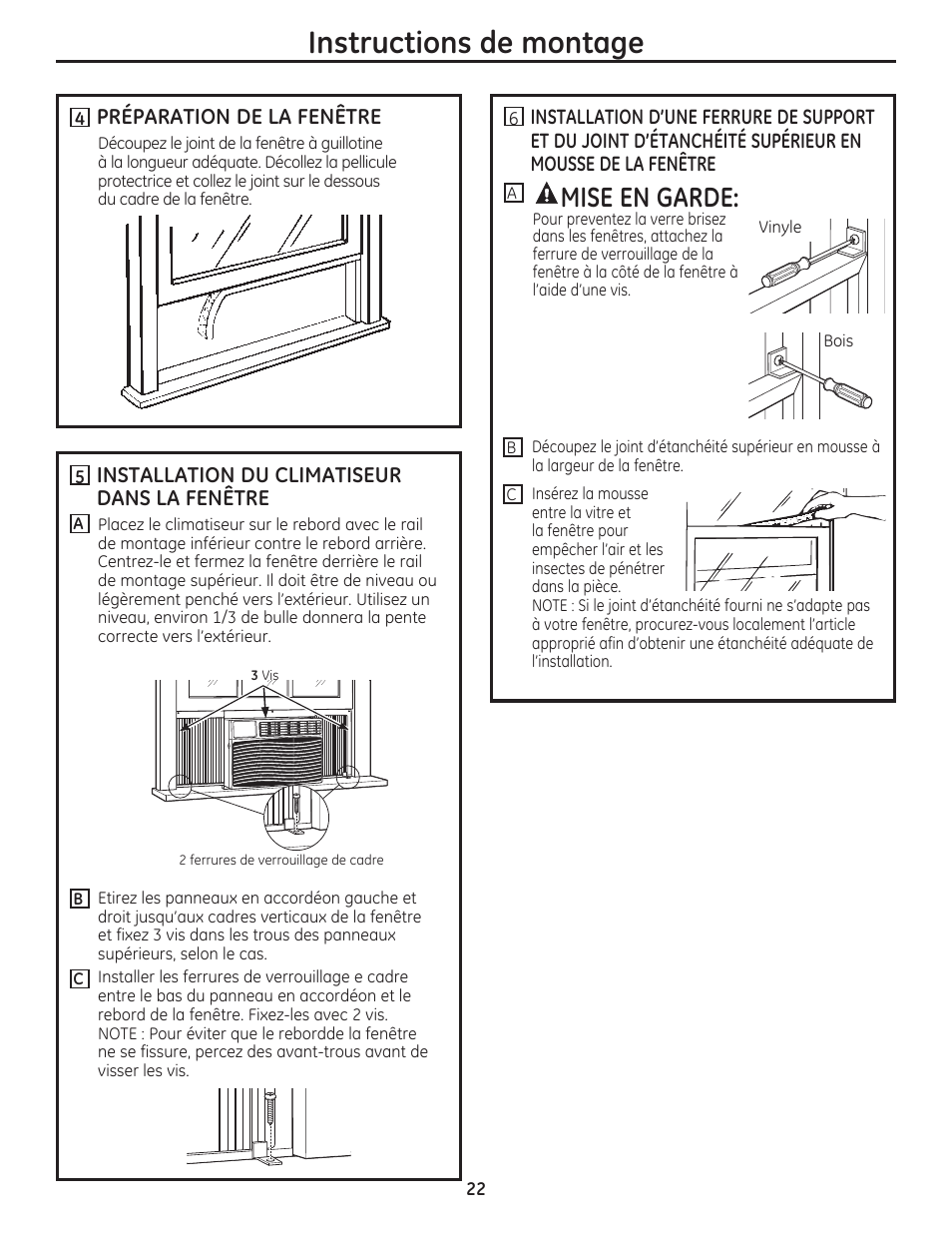 Instructions de montage, Mise en garde | GE AEM12AS User Manual | Page 22 / 40