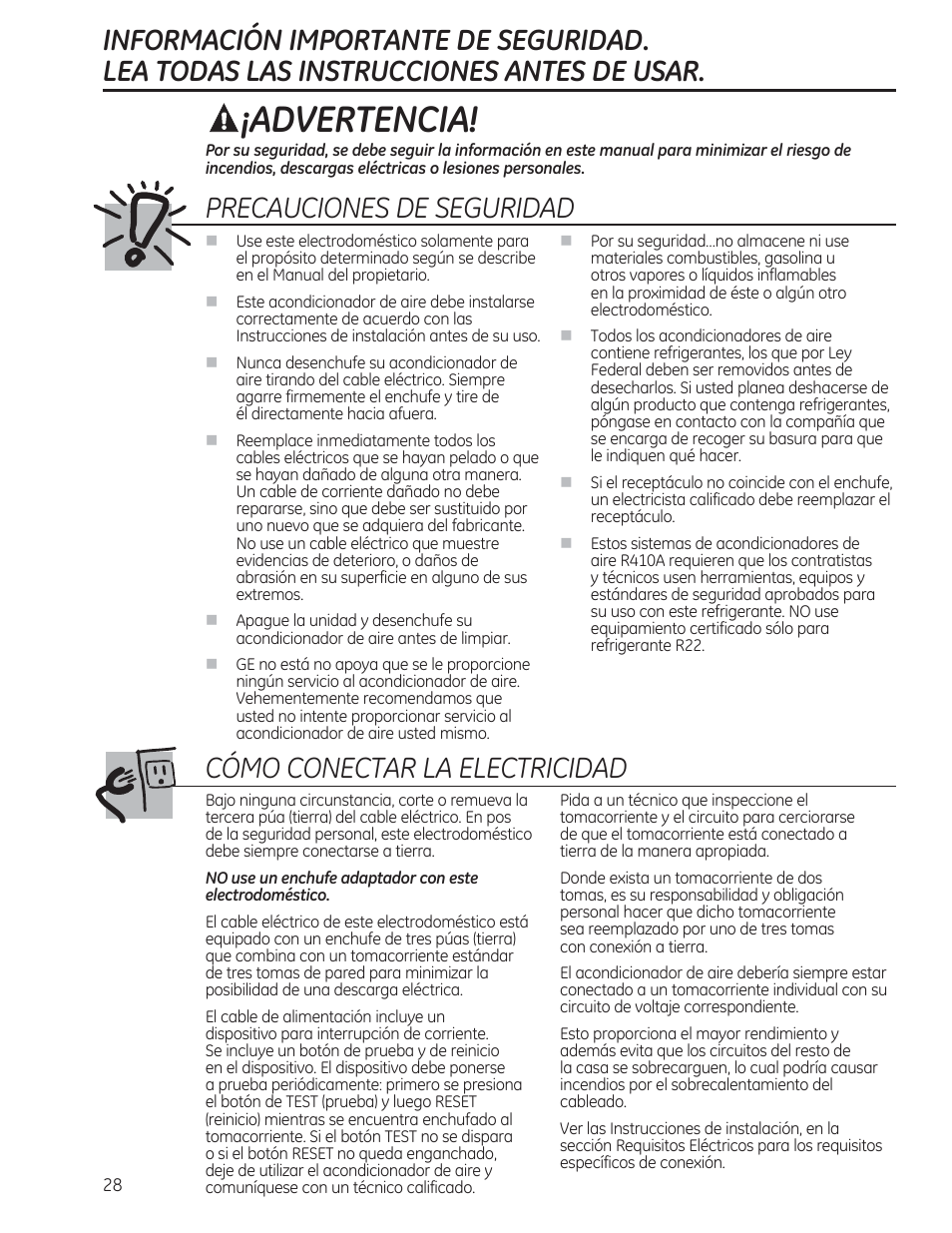 Advertencia, Precauciones de seguridad, Cómo conectar la electricidad | GE AEM12AS User Manual | Page 28 / 40