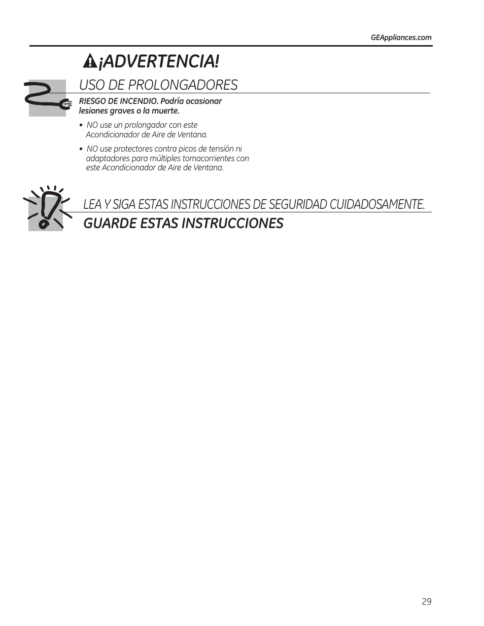Advertencia, Guarde estas instrucciones, Uso de prolongadores | GE AEM12AS User Manual | Page 29 / 40
