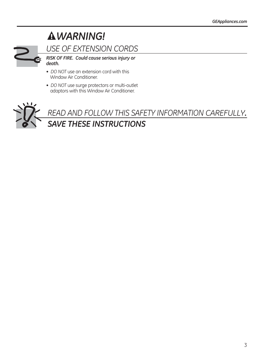 Warning, Save these instructions, Carefully | GE AEM12AS User Manual | Page 3 / 40