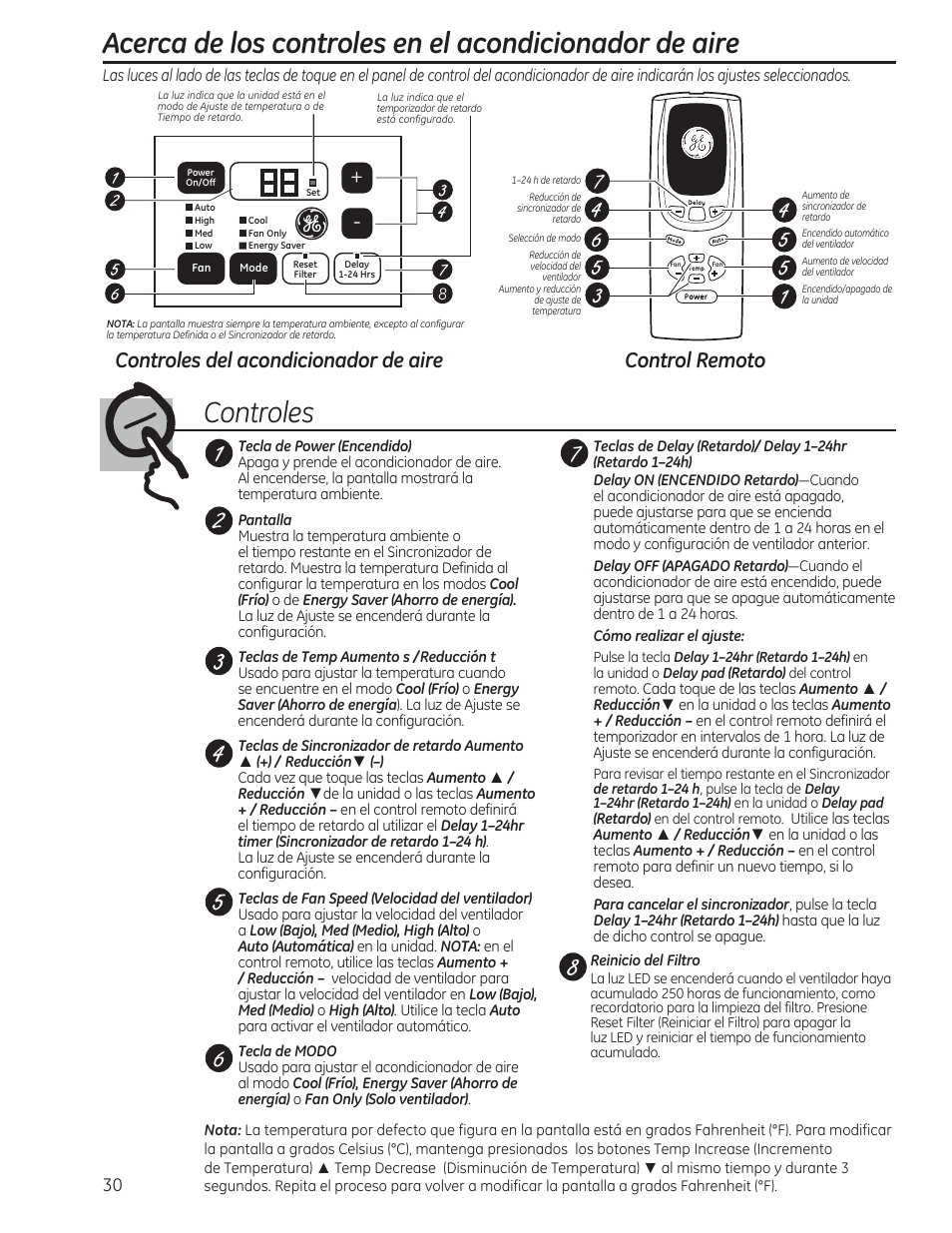 Controles del acondicionador de aire, Control remoto | GE AEM12AS User Manual | Page 30 / 40