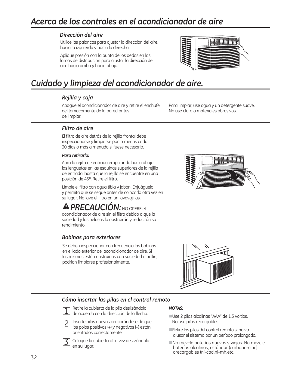 Cuidado y limpieza del acondicionador de aire, Precaución | GE AEM12AS User Manual | Page 32 / 40